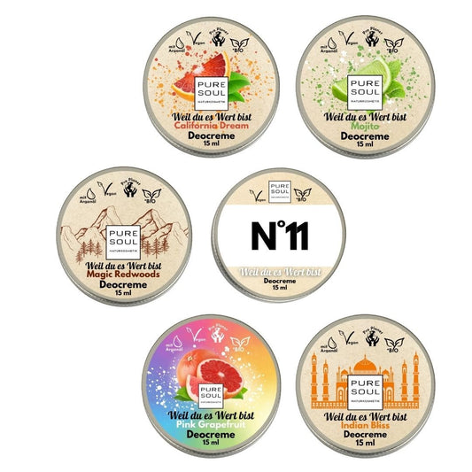 6x15ml Deo Creme für Frauen Starterpaket bio vegan - PURE SOUL Naturkosmetik