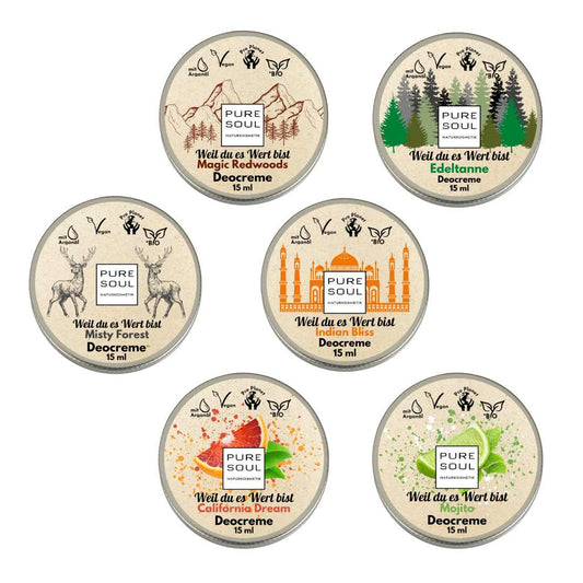 6x15ml Deo Creme für Männer mit Natron Starterpaket Reisegröße - PURE SOUL Naturkosmetik