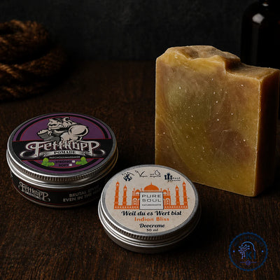 Patchouli Liebhaber Geschenkbundle Indian Bliss Deocreme 50 ml - Pomade firm hold 99g - Seife